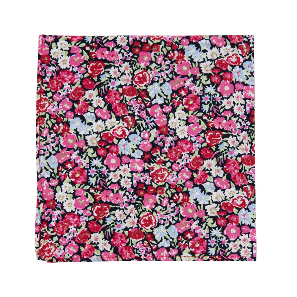 Bed of Roses Pocket Square. Navy blue background with pink, red, white and lavender flowers and green leaves.