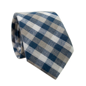 Blazer Skinny Tie. Plaid gingham pattern with navy blue, tan and white colored stripes. 