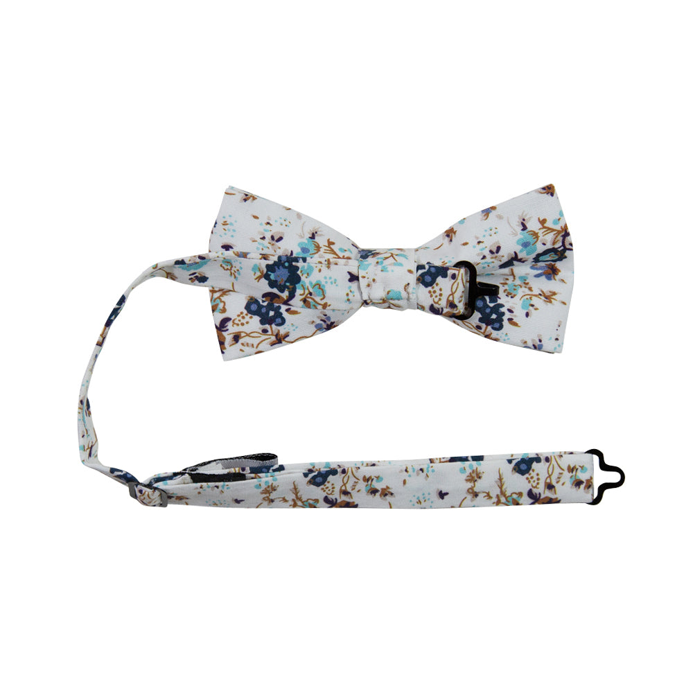 Blue Bloom Pre-Tied Bow Tie with adjustable neck strap. White background, navy and light blue flowers, brown branches.