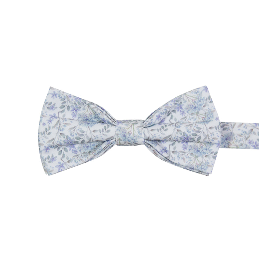 Bluebell Pre-Tied Bow Tie. White background with small dusty blue flowers and sage green stems and leaves throughout.