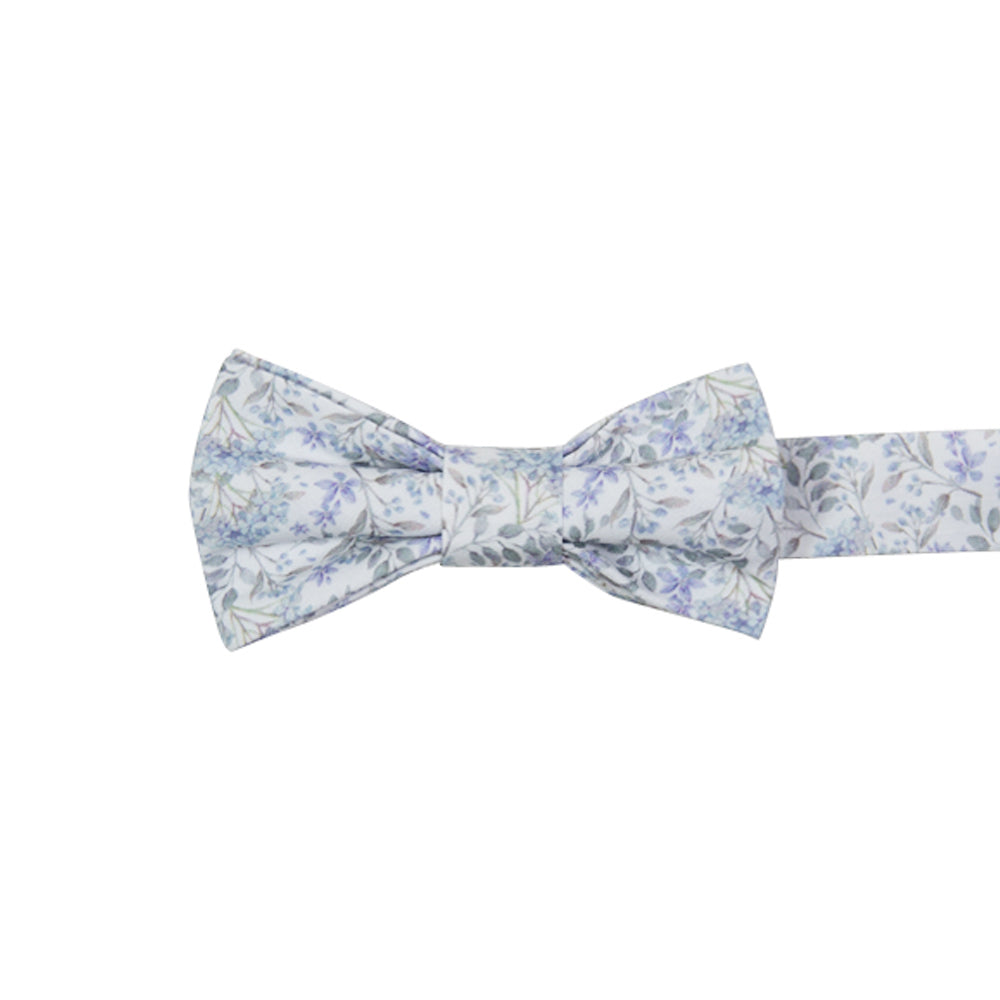 Bluebell Pre-Tied Bow Tie. White background with small dusty blue flowers and sage green stems and leaves throughout.