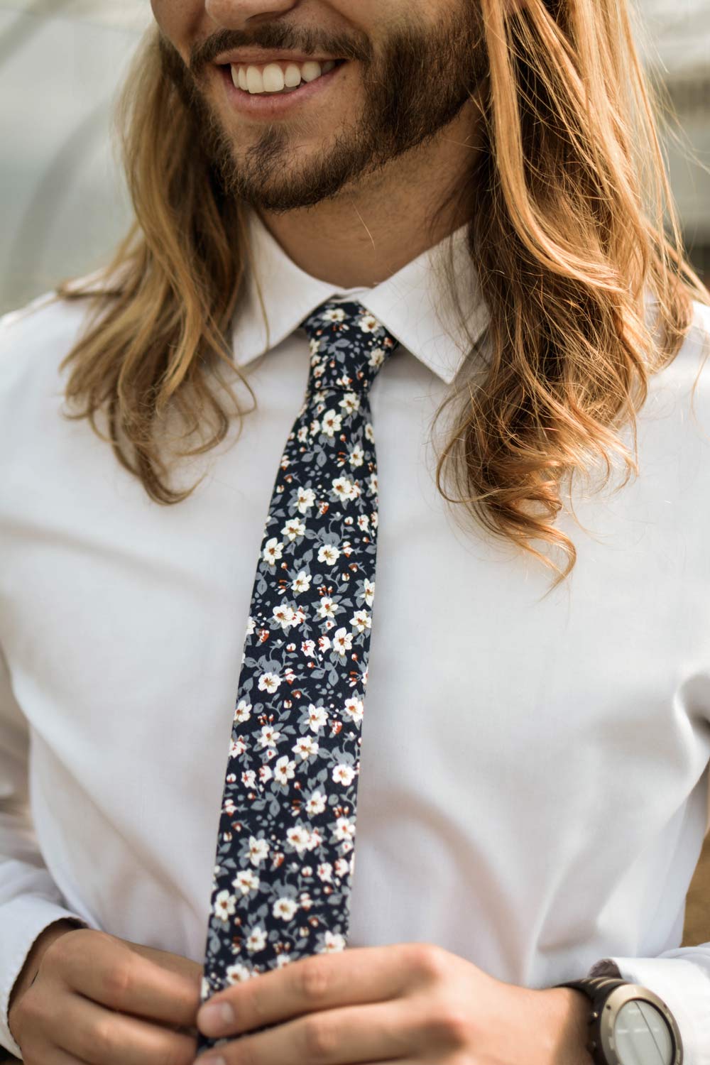 Blueberry Bliss tie worn with white shirt.