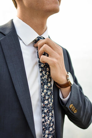 Blueberry Bliss tie worn with white shirt and navy suit jacket.