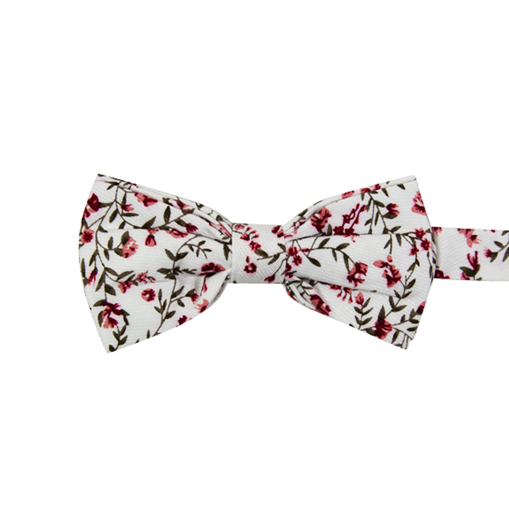 Burning Brush Pre-Tied Bow Tie. White background with small red flowers and green leafy vines throughout.