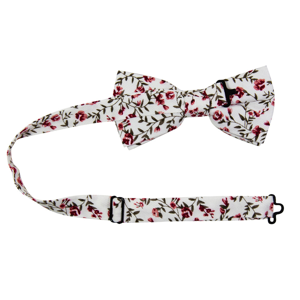 Burning Brush Pre-Tied Bow Tie with adjustable neck strap. White background with small red flowers and green leafy vines throughout.