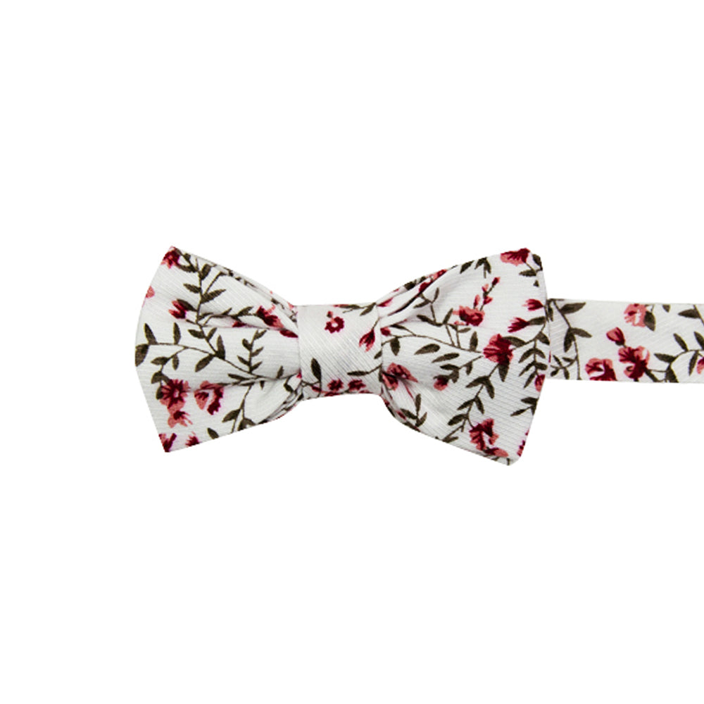 Burning Brush Pre-Tied Bow Tie. White background with small red flowers and green leafy vines throughout.