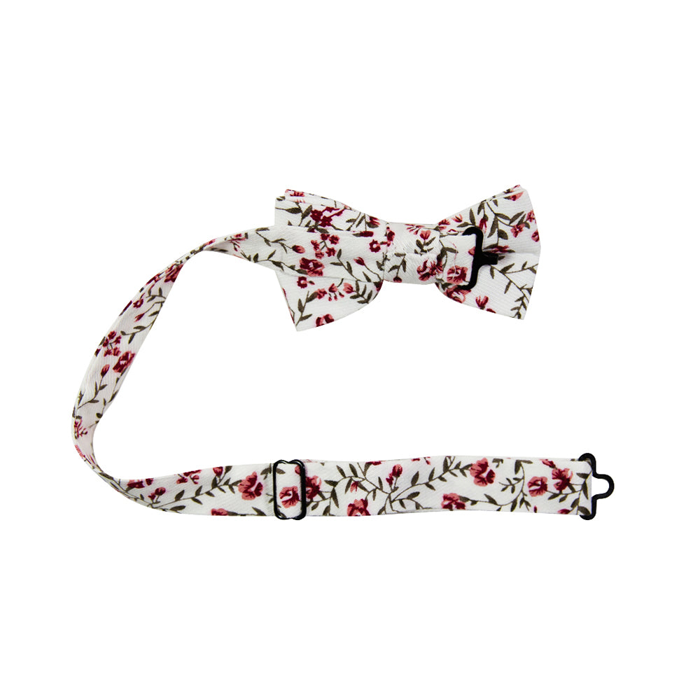 Burning Brush Pre-Tied Bow Tie with adjustable neck strap. White background with small red flowers and green leafy vines throughout.