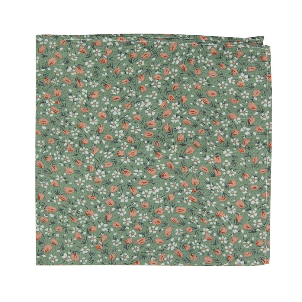 Calla Lily Floral Pocket Square. Sage green background with small white and coral flowers throughout.