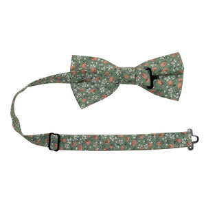 Calla Lily Floral Pre-Tied Bow Tie with adjustable neck strap. Sage green background with small white and coral flowers throughout.