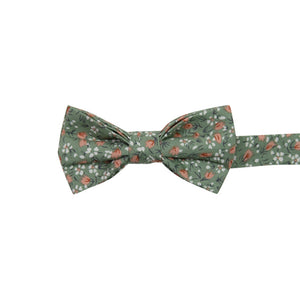 Calla Lily Floral Pre-Tied Bow Tie. Sage green background with small white and coral flowers throughout.