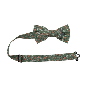 Calla Lily Floral Pre-Tied Bow Tie with adjustable neck strap. Sage green background with small white and coral flowers throughout.
