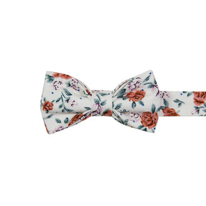 Citrus Pre-Tied Bow Tie. Off white background with pink and orange flowers and light gray leaves throughout.