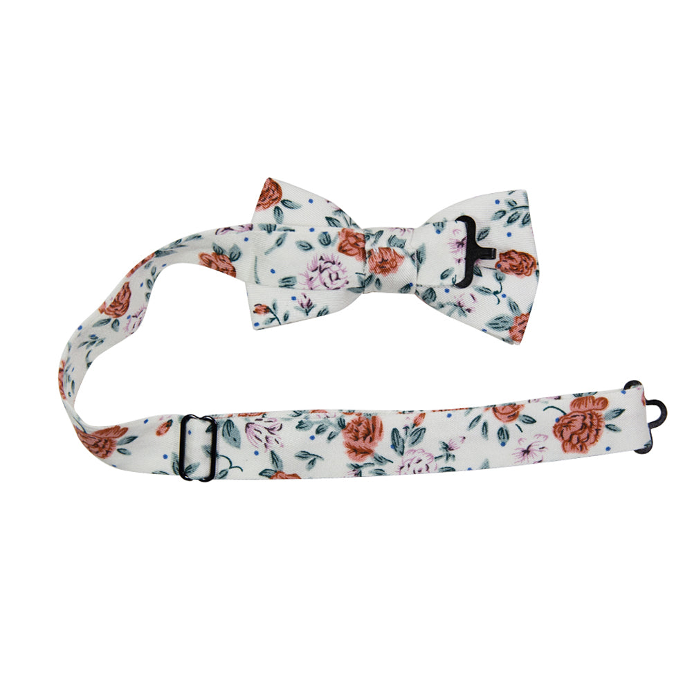 Citrus Pre-Tied Bow Tie with adjustable neck strap. Off white background with pink and orange flowers and light gray leaves throughout.