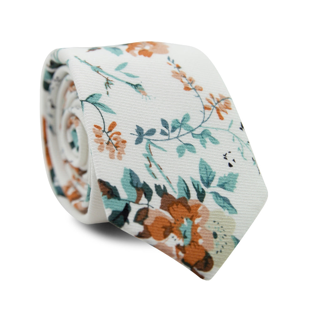 Copper Blooms Skinny Tie. White background with gold and orange flowers, green vines and leaves.