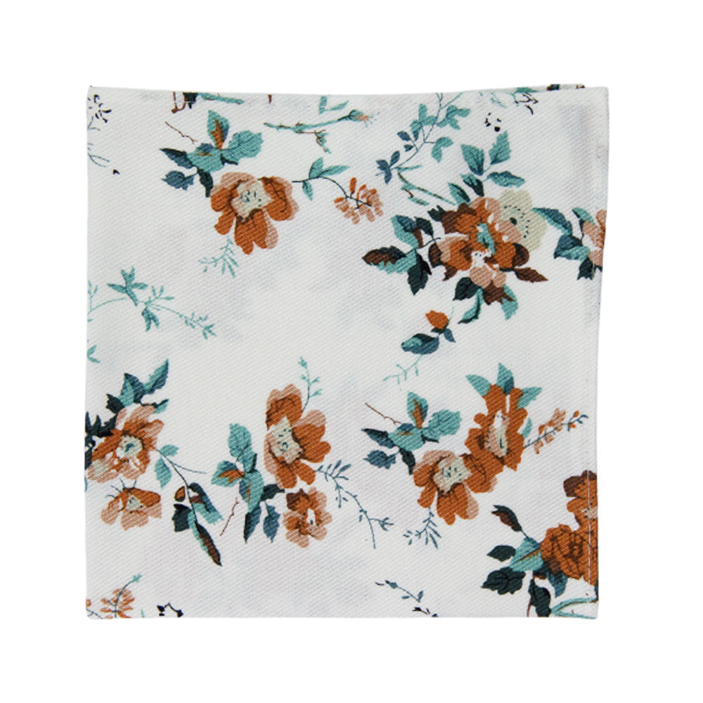 Copper Blooms Pocket Square. White background with gold and orange flowers, green vines and leaves.