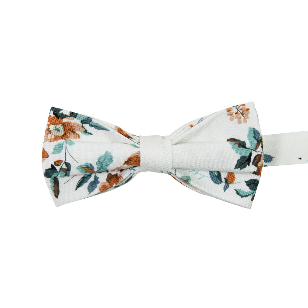 Copper Blooms Pre-Tied Bow Tie. White background with gold and orange flowers, green vines and leaves.