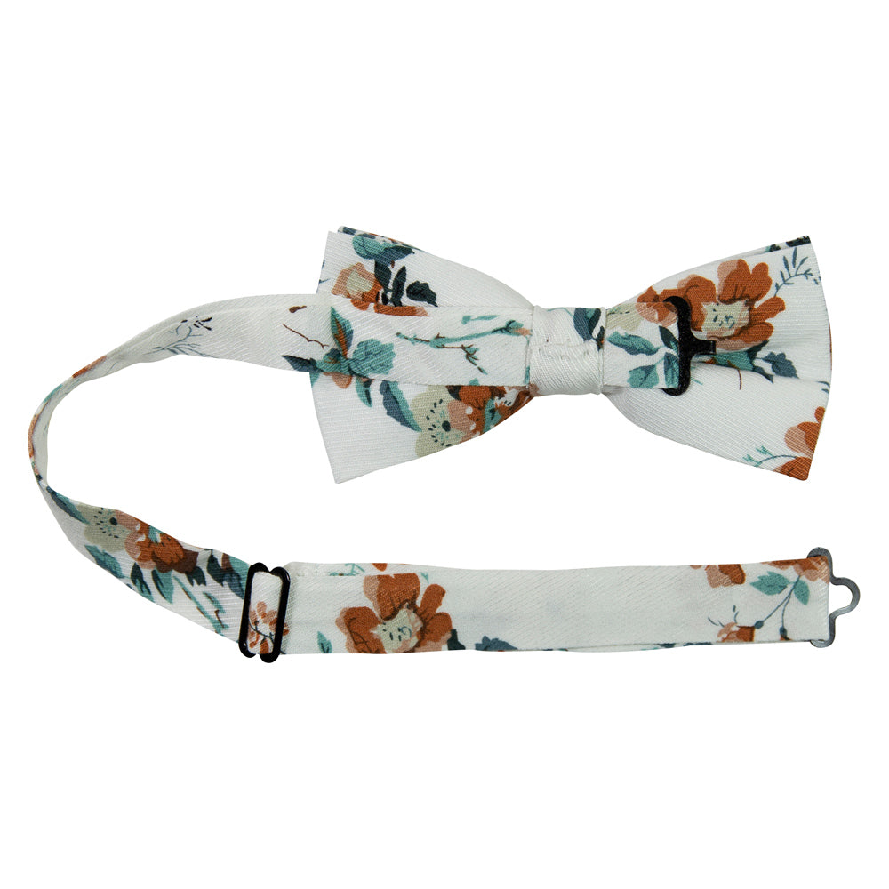 Copper Blooms Pre-Tied Bow Tie with Adjustable Neck Strap. White background with gold and orange flowers, green vines and leaves.