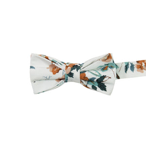 Copper Blooms Pre-Tied Bow Tie. White background with gold and orange flowers, green vines and leaves.