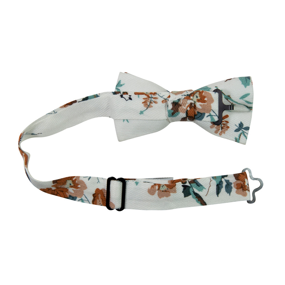 Copper Blooms Pre-Tied Bow Tie with Adjustable Neck Strap. White background with gold and orange flowers, green vines and leaves.