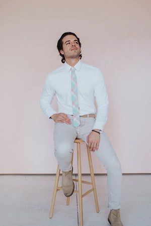 Cotton Candy Tie worn with a white shirt, brown belt and light tan pants.
