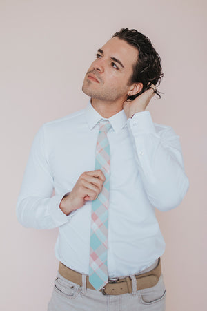 Cotton Candy Tie worn with a white shirt, brown belt and light tan pants.