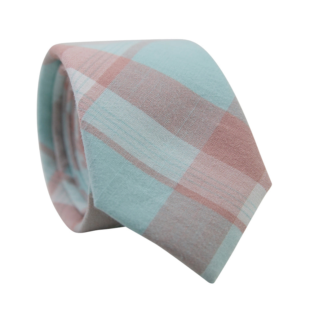 Cotton Candy Skinny Tie. Plaid pattern with a mix of different pink and light blue colors.