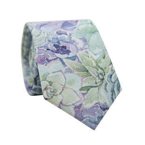 Crested Sunburst Skinny Tie. Blue, green and purple succulent plants throughout.