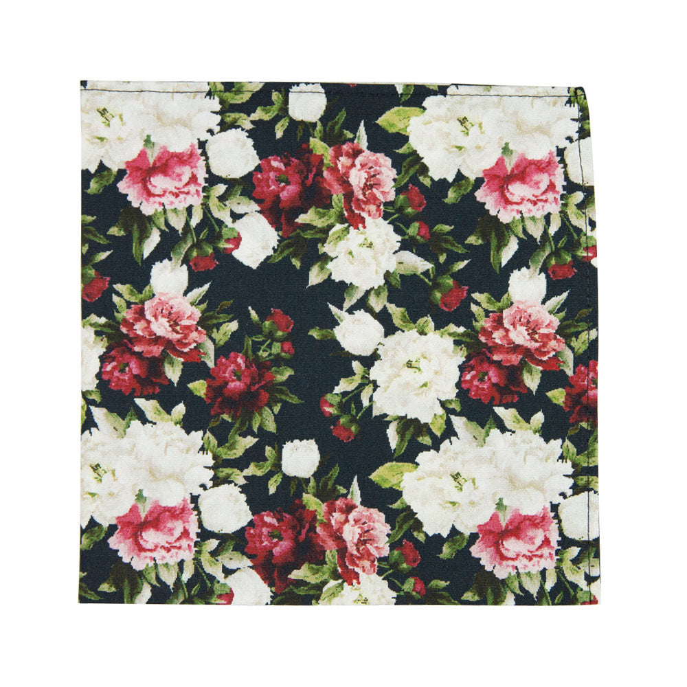 Crimson Rose Pocket Square. Black background with white and burgundy flowers with sage green leaves and stems.