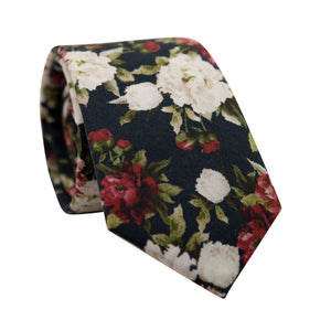 Crimson Rose Skinny Tie. Black background with white and burgundy flowers with sage green leaves and stems.