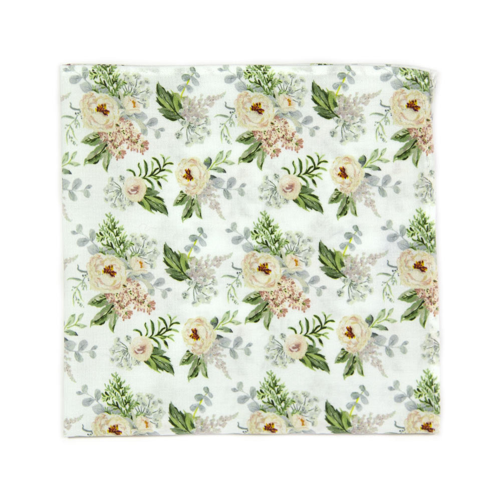 Desert Sun Pocket Square. White background with round yellow flowers, green and silver leaves. 