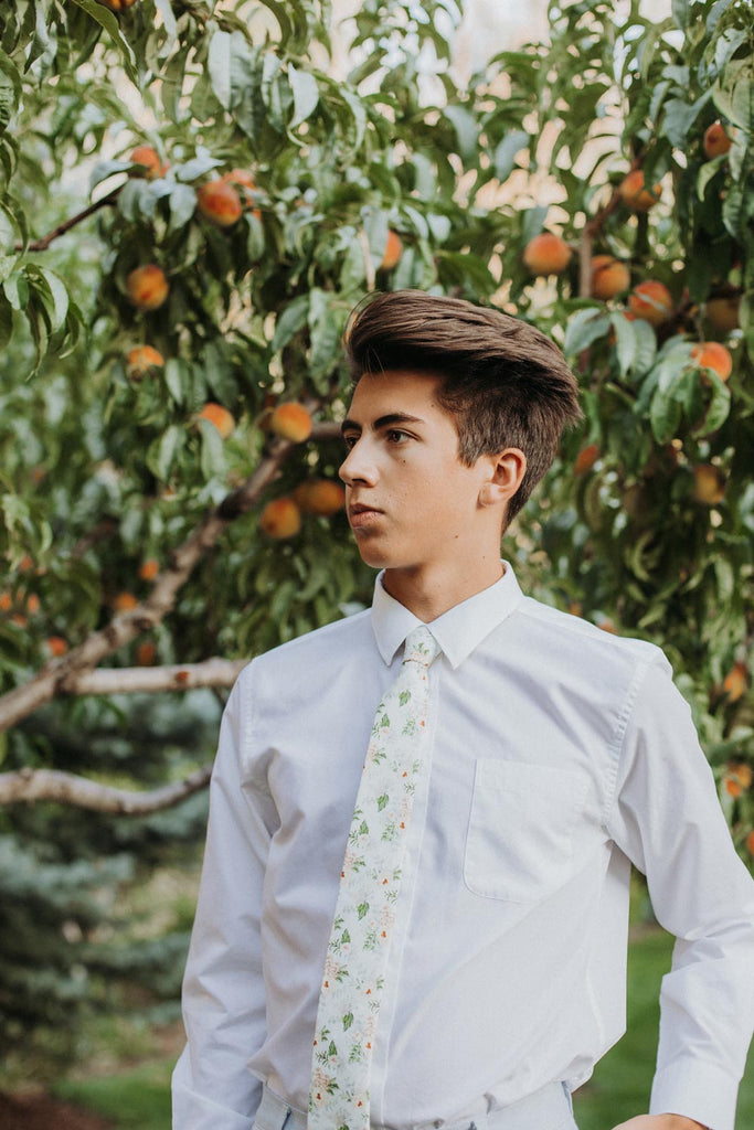 Desert Sun tie worn with a white shirt.