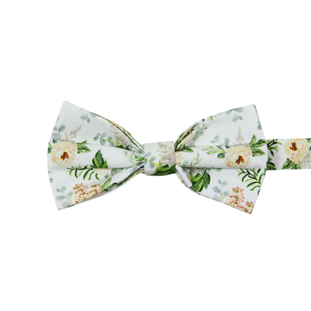 Desert Sun Pre-Tied Bow Tie. White background with round yellow flowers, green and silver leaves. 