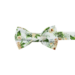 Desert Sun Pre-Tied Bow Tie. White background with round yellow flowers, green and silver leaves. 