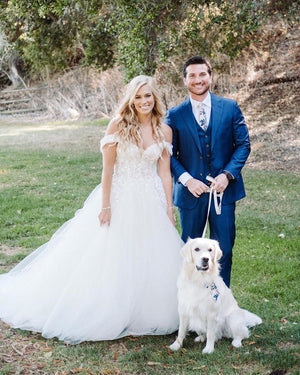 Dreamy Fields tie worn by a groom on his wedding day. Groom is wearing a royal blue three-piece suit and a white shirt. Dog in photo is wearing a matching Hair Tie around the neck.
