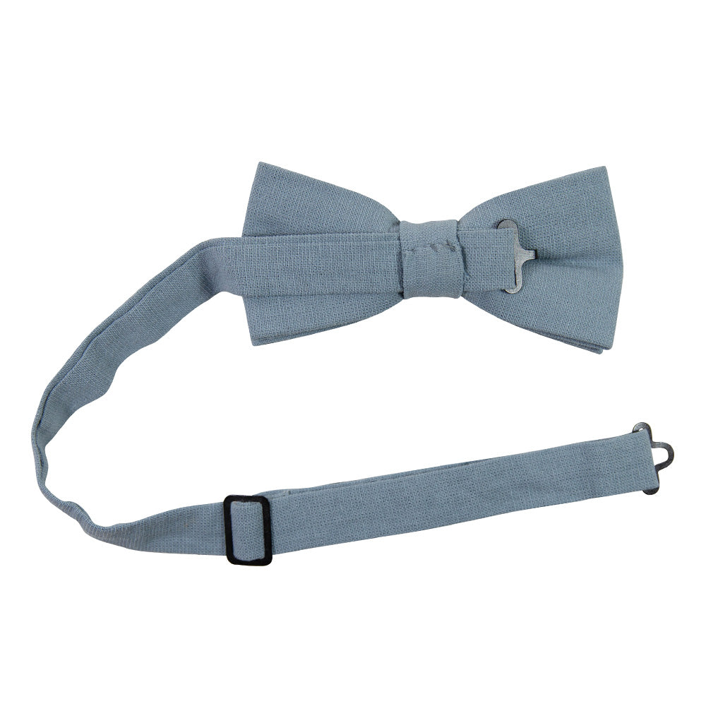 Dusty Pre-Tied Bow Tie with adjustable neck strap. Solid light blue textured fabric.