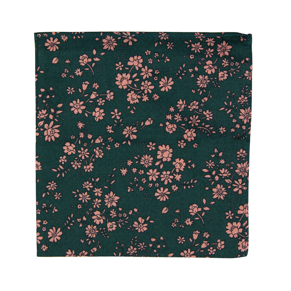 Evergreen Floral Pocket Square. Green background with small blush pink flowers throughout.