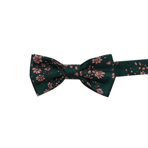 Evergreen Floral Pre-Tied Bow Tie. Green background with small blush pink flowers throughout.