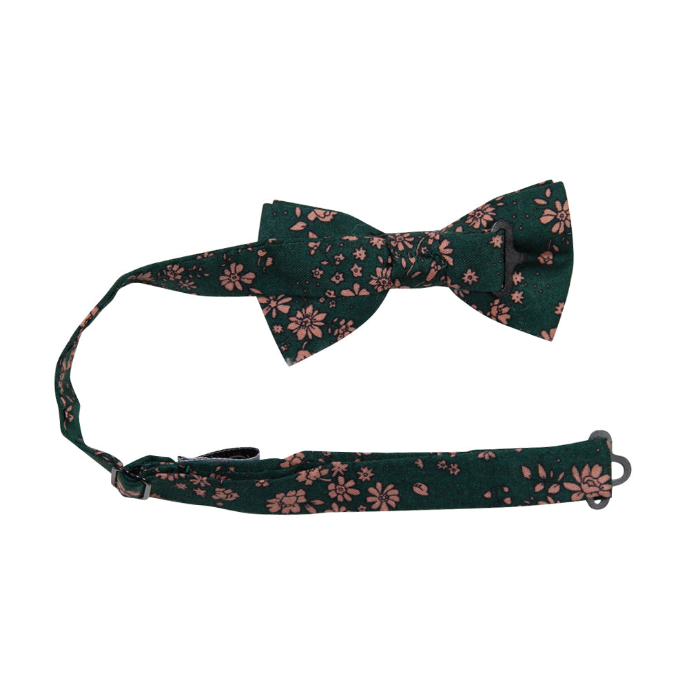 Evergreen Floral Pre-Tied Bow Tie with adjustable neck strap. Green background with small blush pink flowers throughout.