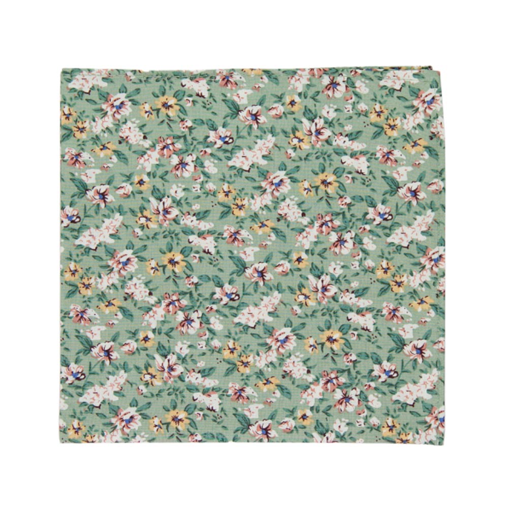 Faded Jade Pocket Square. Sage background with white, blush and yellow flowers with blue flower centers, dark sage leaves.