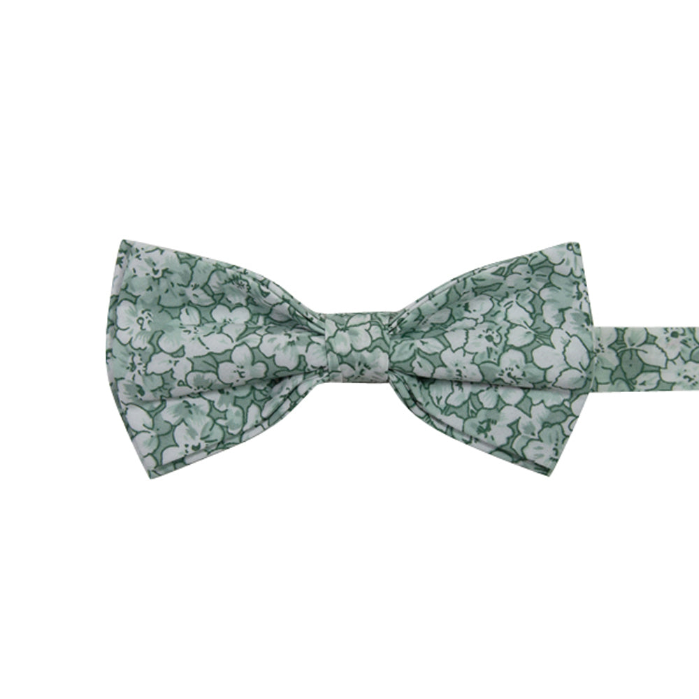 Feelin Lucky Floral Pre-Tied Bow Tie. Entire tie is covered with medium sized white and mint green flowers.