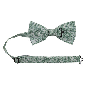 Feelin Lucky Floral Pre-Tied Bow Tie with adjustable neck strap. Entire tie is covered with medium sized white and mint green flowers.