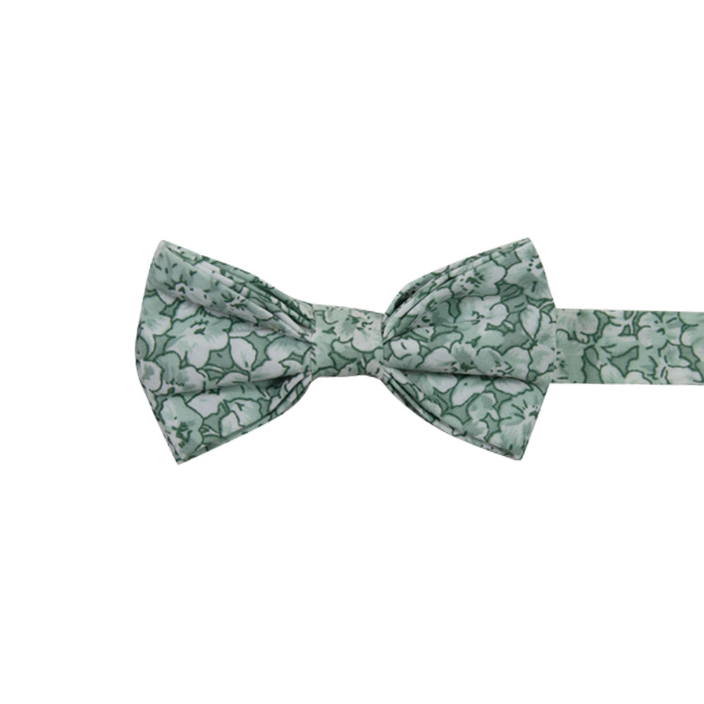 Feelin Lucky Floral Pre-Tied Bow Tie. Entire tie is covered with medium sized white and mint green flowers.