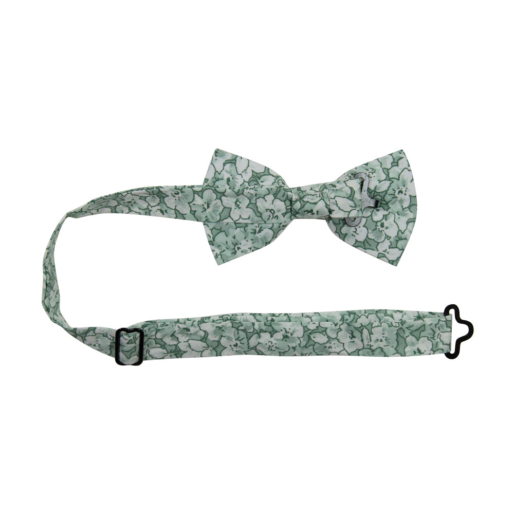 Feelin Lucky Floral Pre-Tied Bow Tie with adjustable neck strap. Entire tie is covered with medium sized white and mint green flowers.