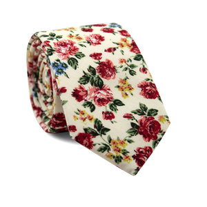Fiore Skinny Tie. Cream background with maroon, yellow and blue flowers with green leaves. 