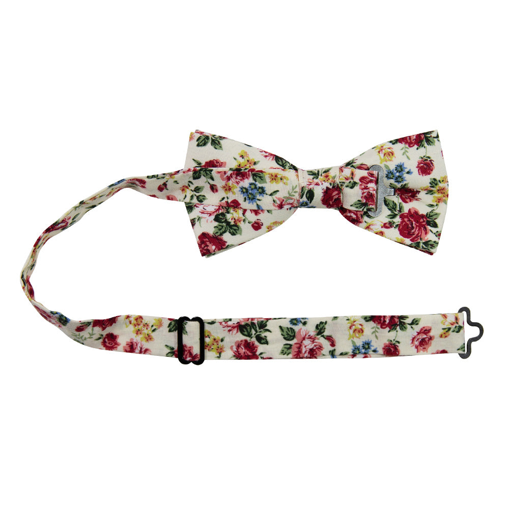 Fiore Pre-Tied Bow Tie with adjustable neck strap. Cream background with maroon, yellow and blue flowers with green leaves. 