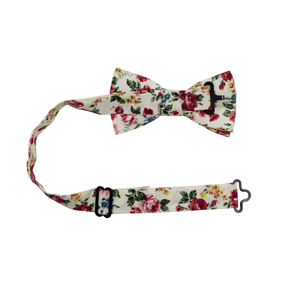 Fiore Pre-Tied Bow Tie with adjustable neck strap. Cream background with maroon, yellow and blue flowers with green leaves. 