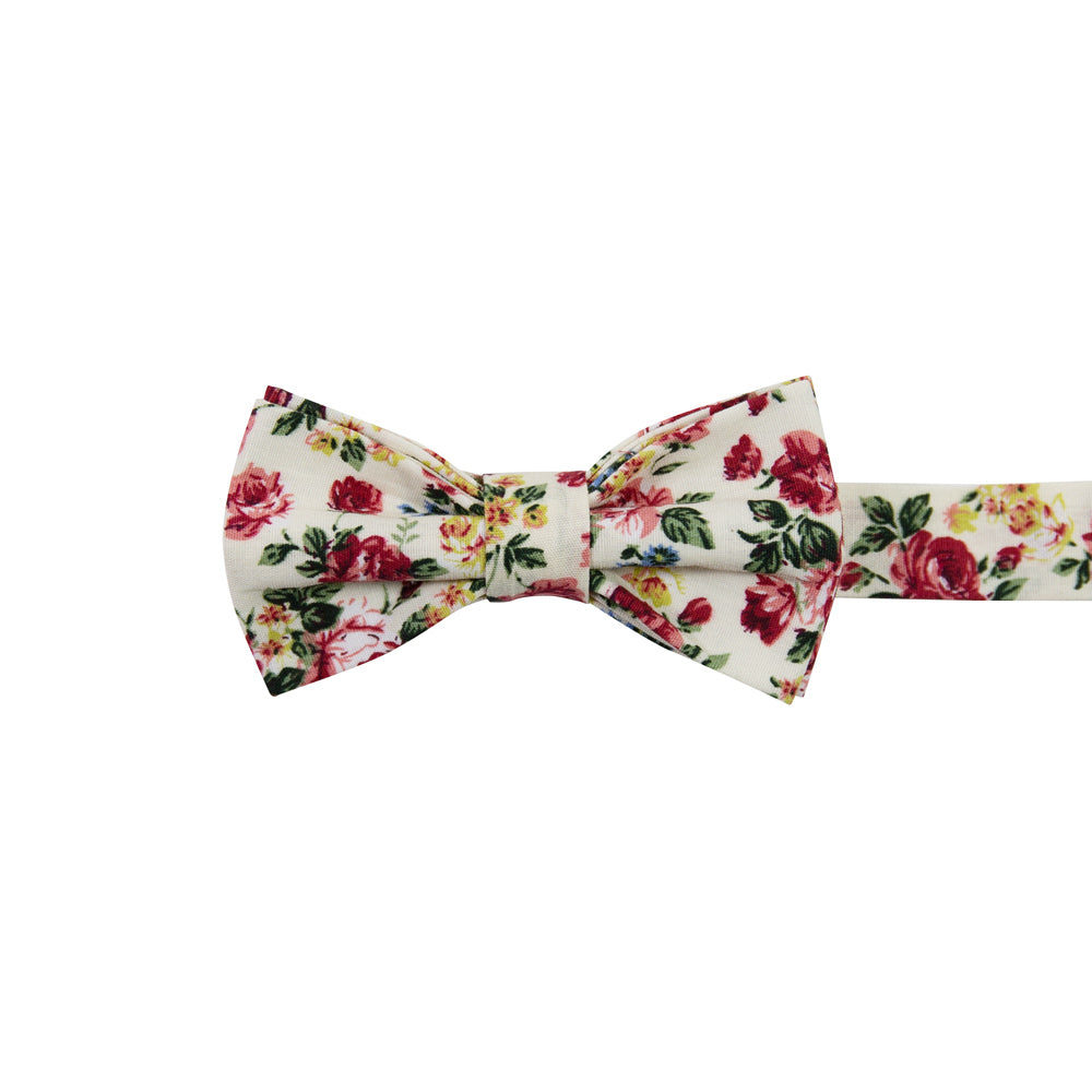 Fiore Pre-Tied Bow Tie. Cream background with maroon, yellow and blue flowers with green leaves. 