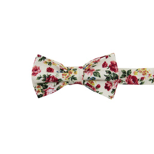 Fiore Pre-Tied Bow Tie. Cream background with maroon, yellow and blue flowers with green leaves. 