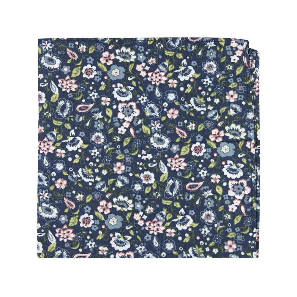 First Date Pocket Square. Navy background with white, blue and peach flowers. Also has green leaves and some paisley design. 