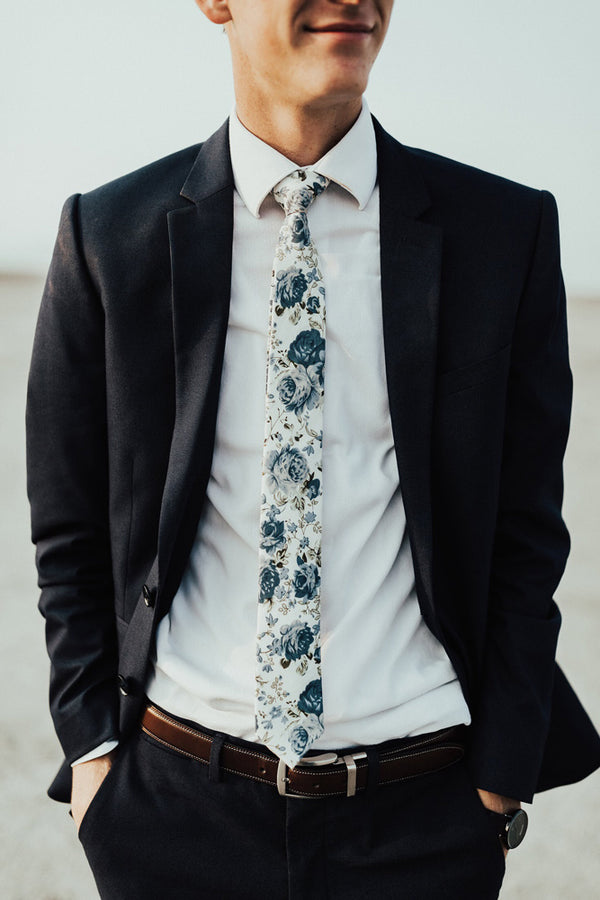 DAZI - Navy Blue Floral - Cotton Skinny Tie